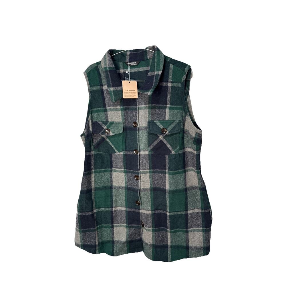 Bloomchic Shirt Womens 14 Plus Green Plaid Sleeveless Button Up Collared Tunic